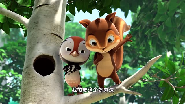 萌鸡小队:松鼠跟啄木鸟吵架,都想要在这棵桦树上安家!