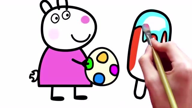 亲子简笔画填色:佩奇的朋友小羊苏西遇到了冰激凌,宝宝绘画启蒙