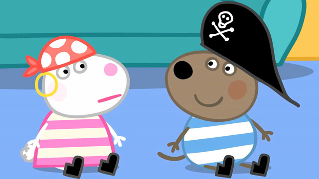 手绘简笔画,小羊苏西和小狗丹尼去海盗岛玩