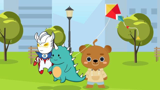 泰迦奥特曼和小恐龙在公园里跑着放风筝 风却大到自己也飞起来