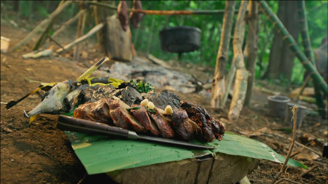 丛林野食王:猎人深入荒野捕获百斤野猪,就地生火直接烤着吃!
