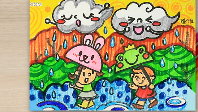 七彩下雨天儿童画图片