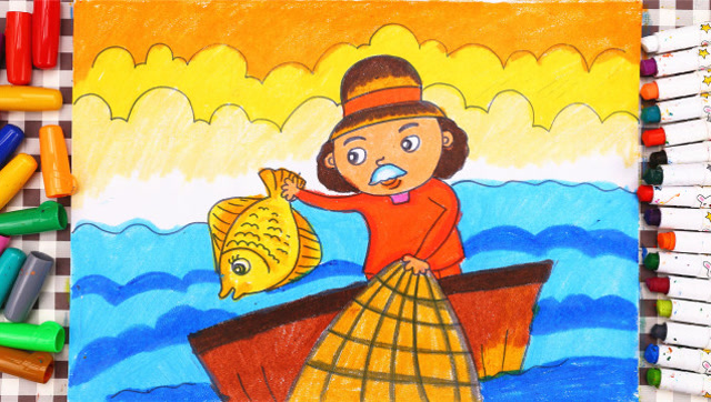 渔夫和金鱼的简笔画图片