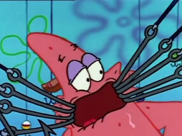 派大星嘴里塞满了钩子,和海绵宝宝一起戏弄钓鱼人