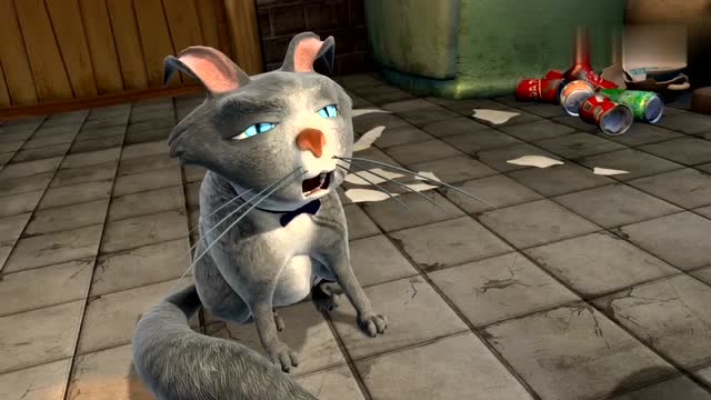 光头强还是很疼爱这个小猫咪的,分了一半生鱼片给它吃