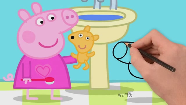 小猪佩奇去洗手间洗漱,佩奇告诉乔治泰迪是不需要刷牙的