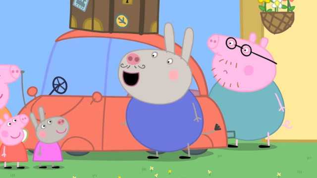 毛驴先生把小毛驴戴芬的行李装上车,猪爸爸看到这个大箱子好惊讶!