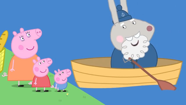猪爸爸说只要摇响铃铛就能过河,没想到兔爷爷划着船来接他们了!