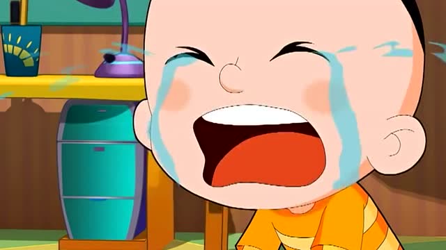 大头儿子在房间里伤心的哭着,跟爸爸妈妈说找不到模型了