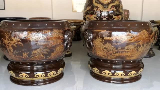 宜兴均陶鼓形金鱼缸