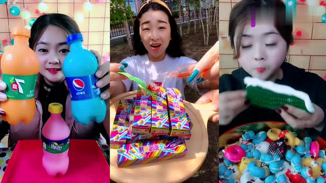 美女直播吃创意绿色玉米果冻,可乐瓶巧克力,牙膏糖,向往的生活