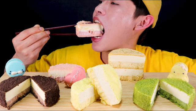 韩国大胃王吃五种口味的芝士蛋糕,小动物造型的马卡龙太可爱了!