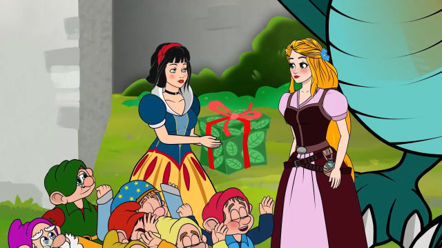 白雪收下乐佩的礼物,不料礼物已经被女巫施法,白雪被困在魔法塔