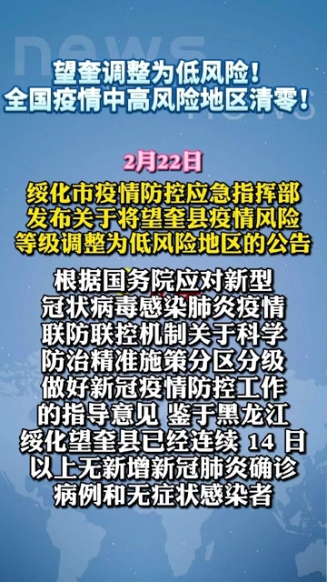 望奎调整为低风险!#全国疫情中高风险地区清零!