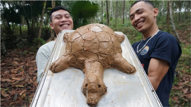 买了只甲鱼,杀好后抹上各种调料,用锡纸和泥巴包好,烤熟即可