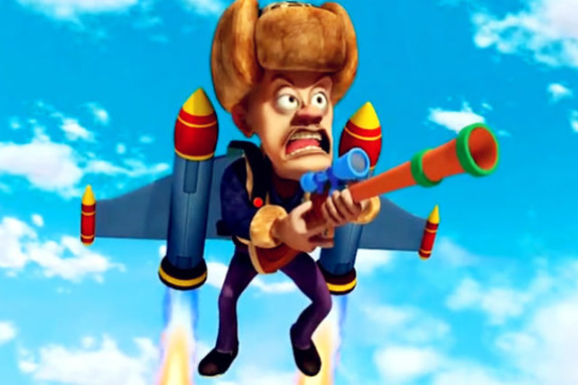 光头强仗着飞行器,在天上肆无忌惮,跟熊大熊二决斗