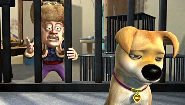 光头强去救小狗,不料铁笼太牢固,使出浑身本领都没解救出来