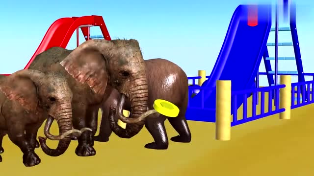 大象马儿奶牛山羊等带着小动物来滑滑梯 认识颜色