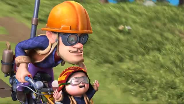 《夺宝熊兵》光头强带着嘟嘟坐飞行器,飞上半空,熊兄弟马上跟上