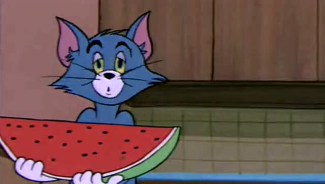 汤姆拿着一块西瓜,怎么很懵的样子,太逗了,笑个不停