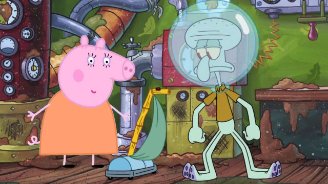 章鱼哥在打扫卫生时不小心把吸尘器弄坏了猪妈妈过来帮忙修好了