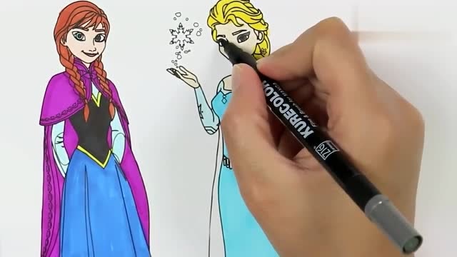 涂色冰雪奇缘爱莎和爱娜公主,好像童话世界的剧情,她们穿的很漂亮