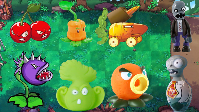 植物大战僵尸玩具!胡萝卜加农炮食人花菜问辣椒投手和僵尸玩具