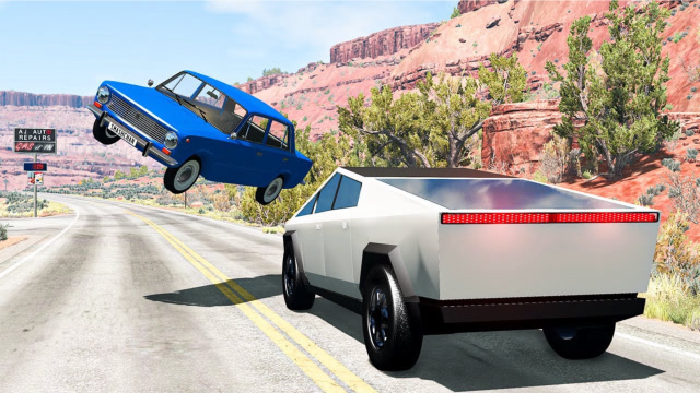 beamng:特斯拉皮卡车速度太快来不及刹车连环相撞,拟真车祸模拟