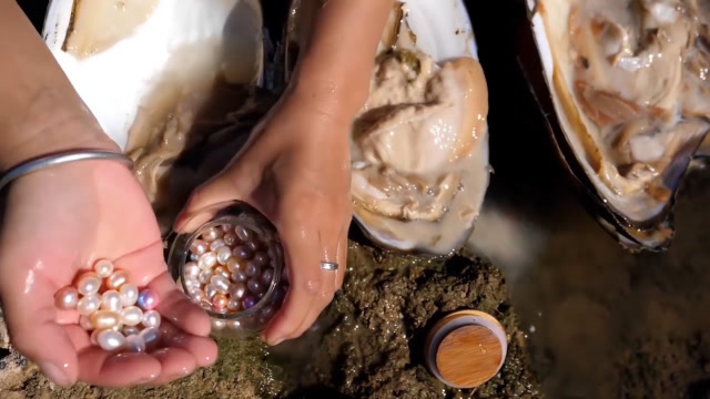 农村美女在瀑布下捞河蚌,暴力打开后,结果赚大发了!