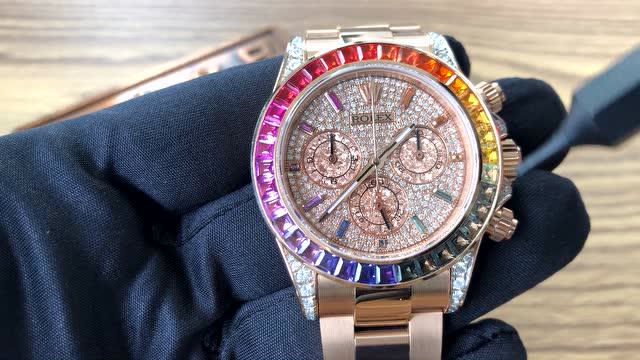 【包金真钻款】 劳力士迪通拿116595 18k玫瑰金彩虹迪 满钻表盘