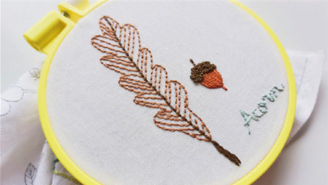 手工刺绣——橡树叶子和橡果,叶子用回针绣就能轻松完成