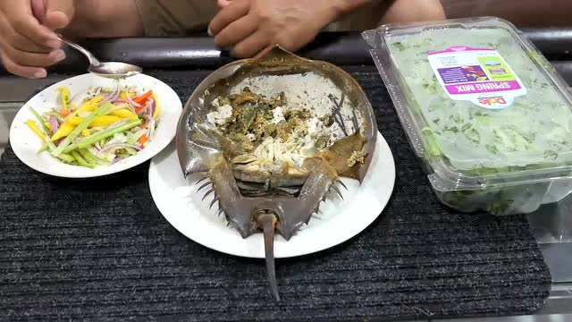 大叔去钓鱼钓上来个鲎鱼回家烤着就吃了盘子都省了