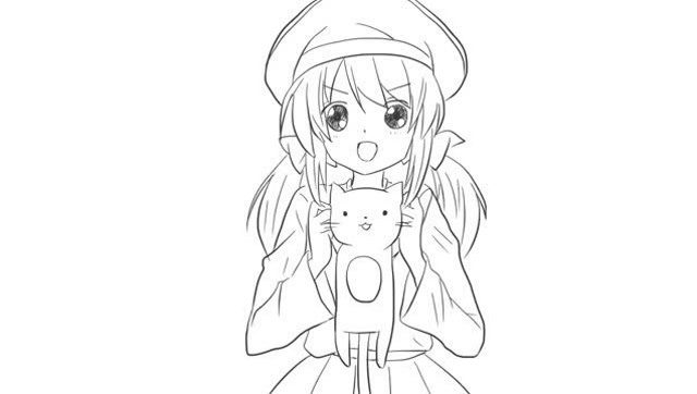 抓着小猫咪的双马尾女孩动漫简笔画
