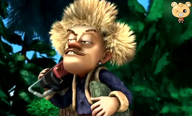 熊出没:光头强正在笑呵呵的扛着电锯去砍树