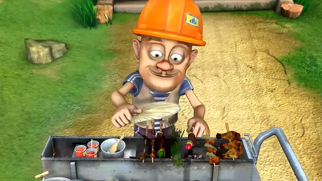 熊二闻到一阵阵香味走进一看原来是光头强在烤烧烤