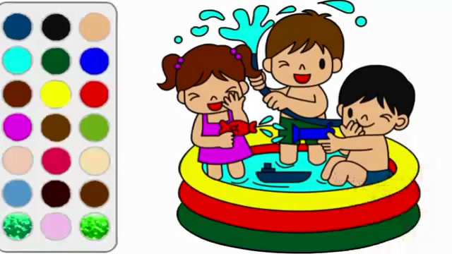 亲子简笔画:三个宝宝打水仗