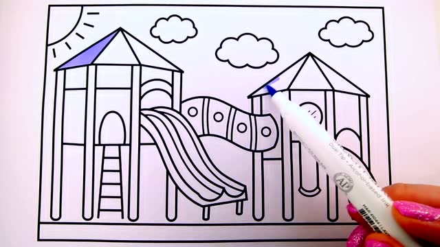 儿童水粉画 画还玩的滑滑梯并着色