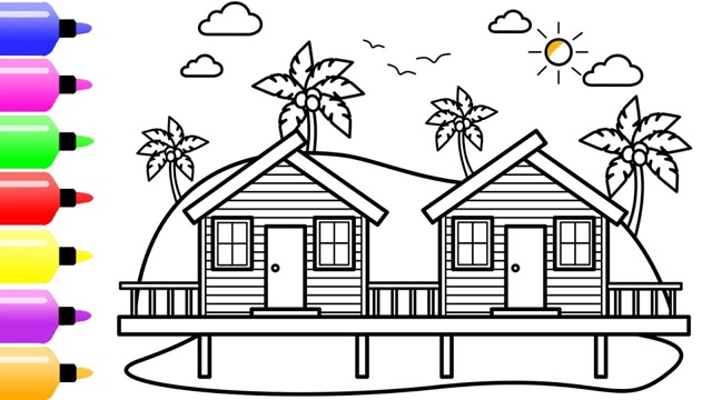 大海沙滩房子简笔画图片