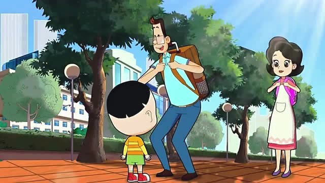 大头儿子一家人出去旅行太累了,要小头爸爸抱着回家