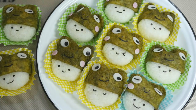 可爱的卡通小青蛙造型寿司,吃之前让我多看几眼