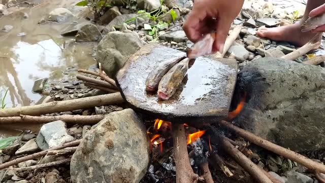 原始技术 - 在岩石上烹饪,在石头上放些油,开始烤鱼!
