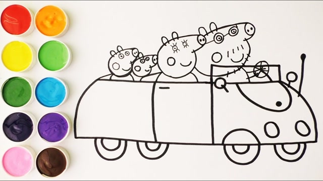 儿童简笔画:小猪佩奇一家坐小红车
