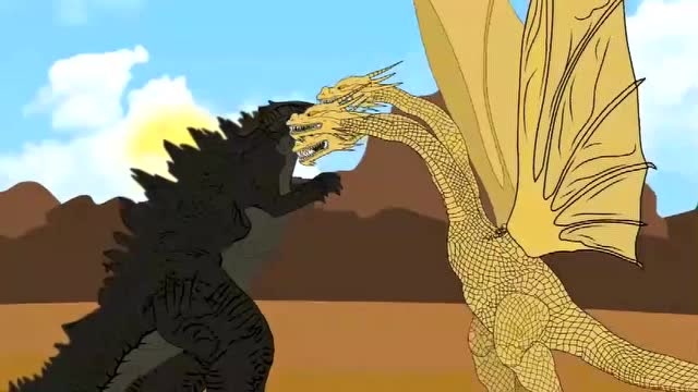 三头龙基多拉背后攻击哥斯拉,误伤队友 动漫特效