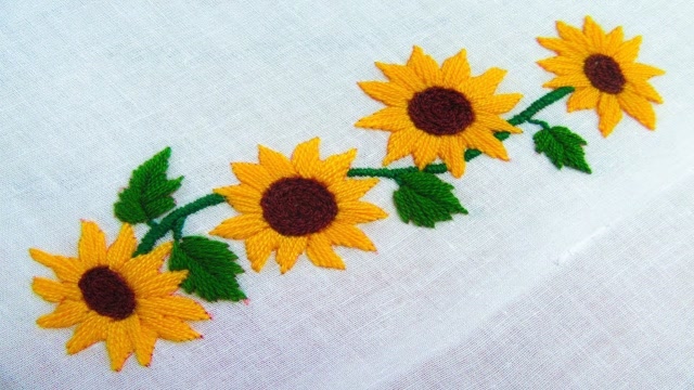 手工刺绣美丽的向日葵花,针法简单,新手学刺绣教程