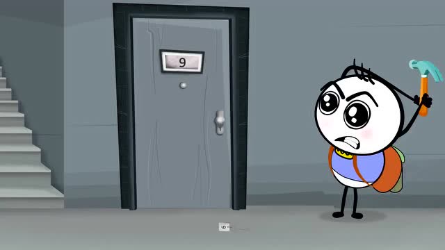 搞笑铅笔人:铅笔人拿铁锤砸门.