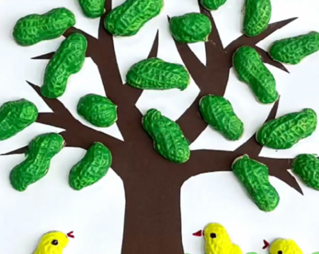 吃剩下的花生壳不要扔,做一副可爱的小树拼贴画吧