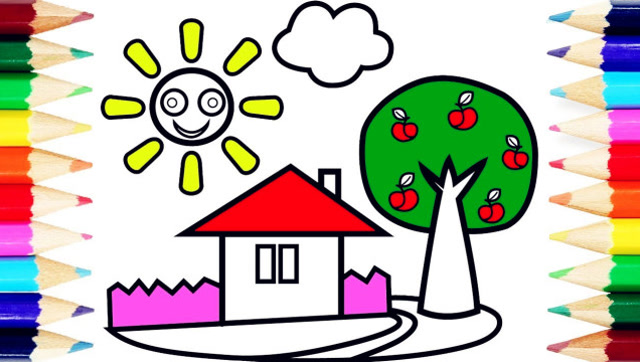 给宝宝画苹果树下的房子简笔画涂色彩