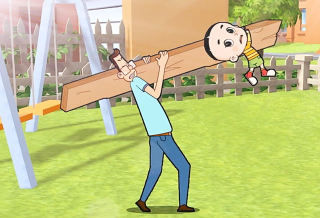 大头儿子:老爸纳闷了,一个人扛木头怎么比两个人抬还要省劲呢?