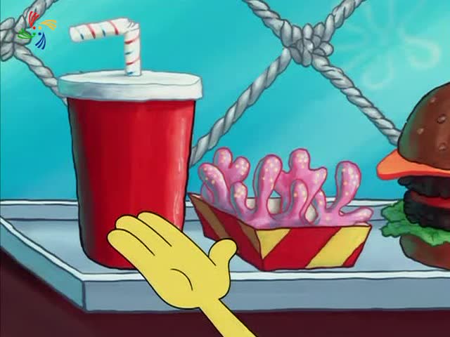 海绵宝宝:海绵宝宝用手指着可乐,让客人们饮用