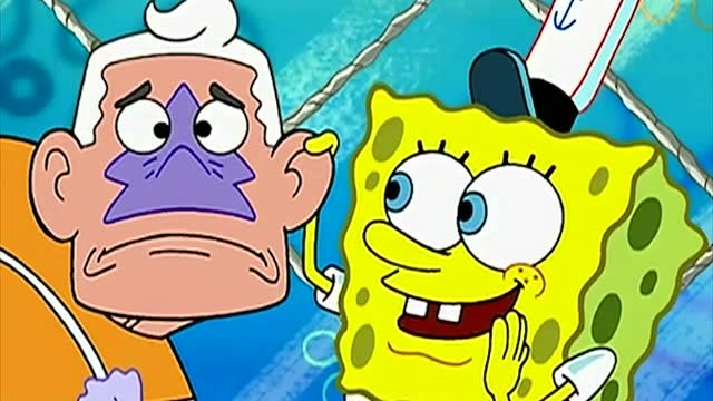 海绵宝宝揪着大洋游侠的耳朵,看上去好搞笑